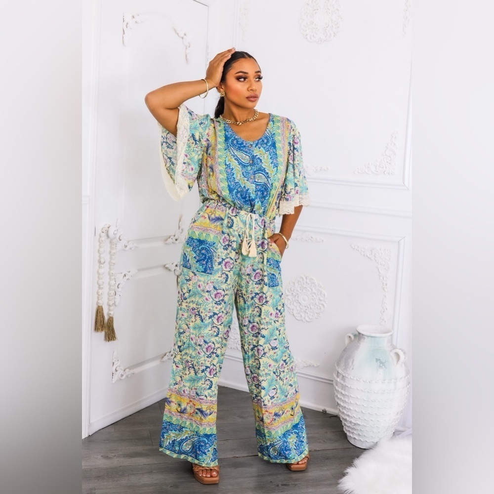 Paisley Print Jumpsuit in Blue and Yellow - Picture 4 of 6